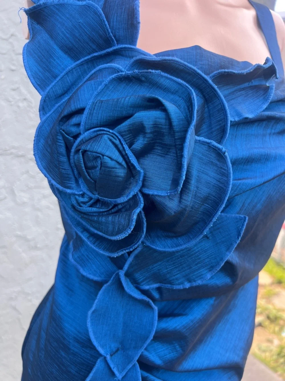 Elegant Blue Satin Dress w/ Statement Flower Size 14 Wedding Guest